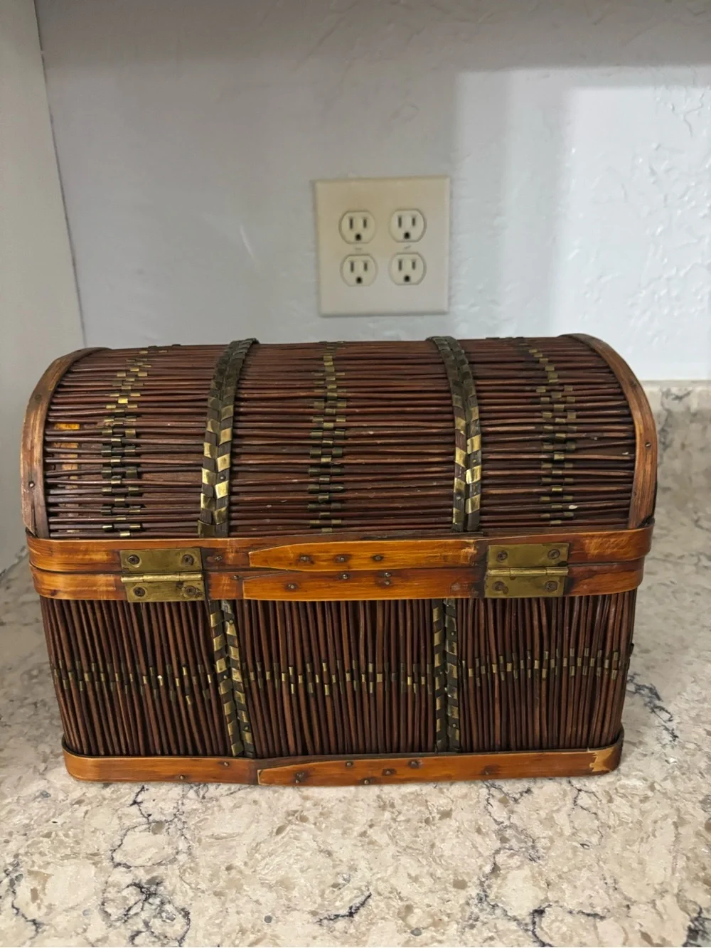 Vintage Wicker and Wood Domed Treasure Chest Trinket Box Storage Decor